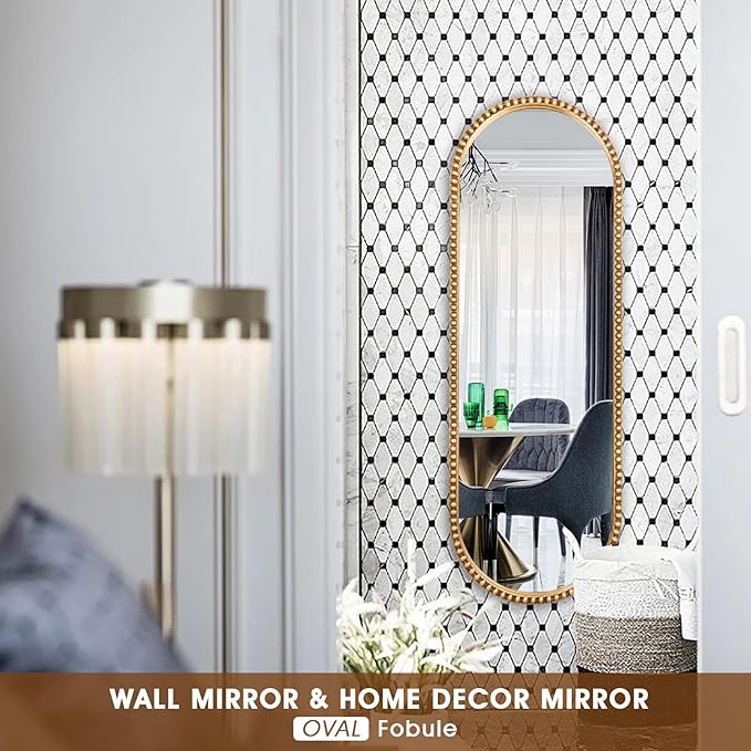 Oval Full Length Mirror, 16"x47" Metal Beaded Frame Large Hanging Dressing Floor Mirror for Bedroom, Living Room, Entryway, Antique Gold (No Stand)