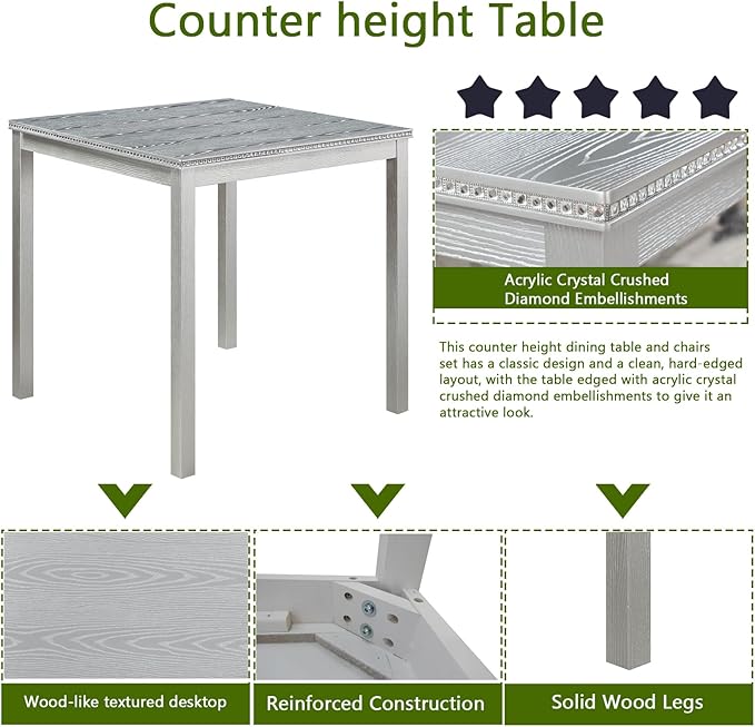 KEIKI 5-Piece Counter Height Dining Table Set with Square Table and 4 Upholstered Chair, for 4 Person, Modern Crystal Decoration Wooden Table Set, Easy Assembly, for Kitchen, Dining Room, Silver Grey