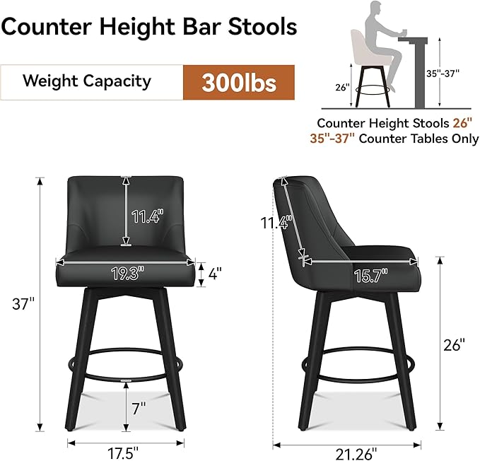 Counter Height Bar Stools Set of 2, Modern Swivel Barstools with Back and Wood Legs, Faux Leather Upholstered Counter Height Stools, 26" H Kitchen Island Stools,Home Bar, Black Grey