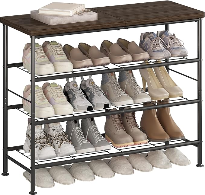 Shoe Rack Organizer 4 Tier for Closet Entryway Free Standing Metal Storage Shoe Shelf with MDF Top Board，Black