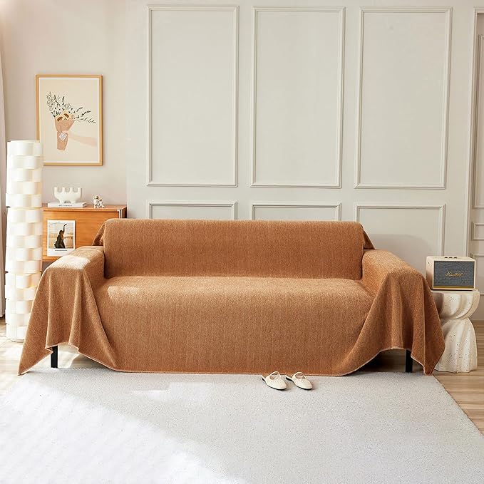 STACYPIK Orange Chenille Couch Cover for Dog, Sofa Covers for Sofa, Furniture Protector for 3 Cushion Couch, Lovetseat Cover for L Shaped, Non Slip Pumpkin Sectional Sofa Cover Pet-Friendly-91X134IN
