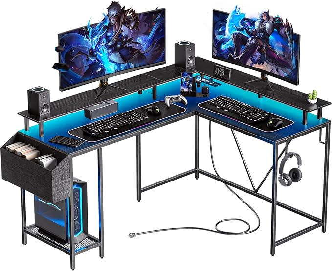 53inch L Shaped Desk,L Shaped Gaming Desk with Power Outlets & LED Lights, Computer Desk with Monitor Stand & Storage Bag, Home Office Desk Corner Desk with Hooks, Easy to Assemble, Black
