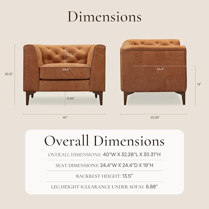 Poly & Bark Essex Lounge Chair - Leather Chair with Tufted Back - Full-Grain Living Room Armchair with Feather-Down Topper - Vintage Italian Leather in Cognac Tan - Set of 2