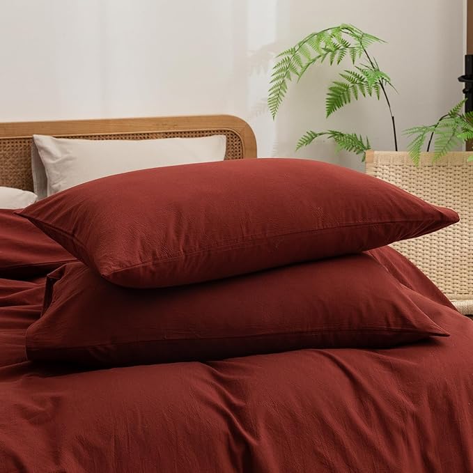 BESTOUCH Duvet Cover Set 100% Washed Cotton Linen Feel Super Soft Comfortable Chic Lightweight 3 PCs Home Bedding Set Solid Fired Brick Red King