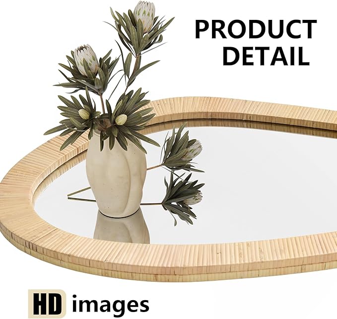 H HOMEWINS Rattan Mirror for Wall,30'' x 20" Wooden Framed Farmhouse Boho Wicker Coastal Irregular Vanity Mirror for Bathroom Living Room Entryway