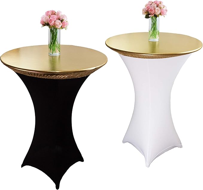 2-Pack Gold Spandex Table Topper Cap (32'') for Round Cocktail Tables, Adding Precious Metallic Glitter and Luxurious Accents, Protecting From Spill, for Weddings Parties Banquet, Restaurants