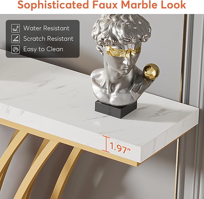 LITTLE TREE Narrow Entryway Console Table,Faux Marble White+Gold