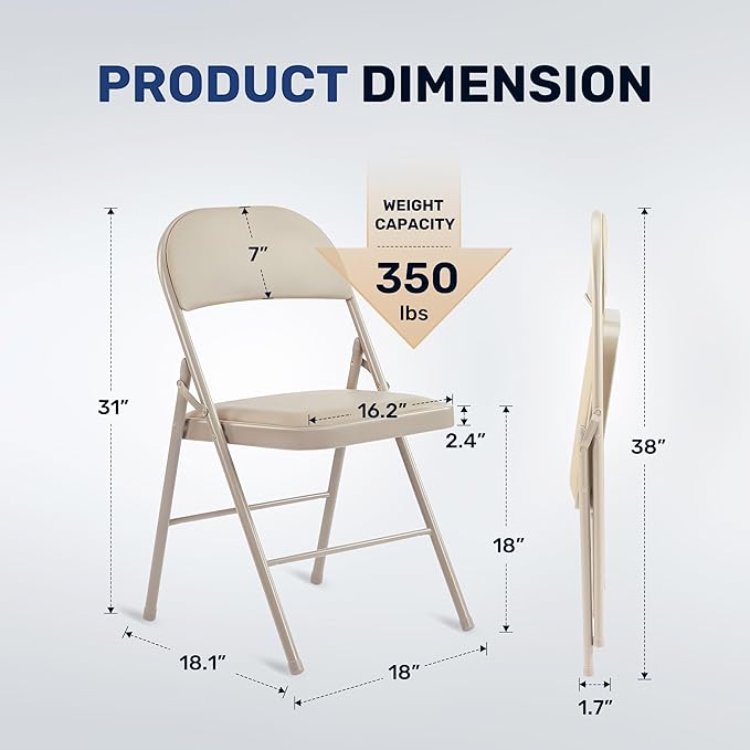 HealSmart 2 Pack Folding Chairs with Leather Padded Cushion Seats & Durable Metal Frame, Comfortable, Foldable, Portable, Commercial Event Seat, Indoor Outdoor for Home, Parties, Office, Kahki