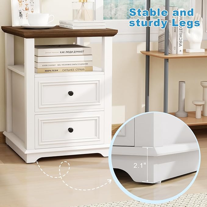 Vipbear Farmhouse Nightstand 18" White End Table with Charging Station & 2 Drawers, Rustic Bedside Table with Storage Shelf for Bedroom, Living Room,18.1" D x 18.1" W x 24.2" H, Set of 2