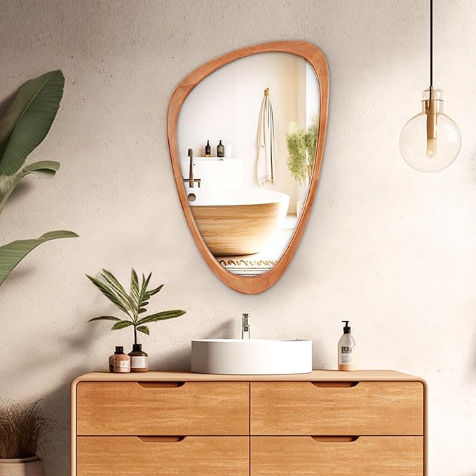 WallBeyond Asymmetrical Mirror, Irregular Wall Mirror, Wall Mirrors Decorative for Bedroom Living Room Entryway Hall, Wood Mirror for mid Century Modern Decor 30" H x 19" W