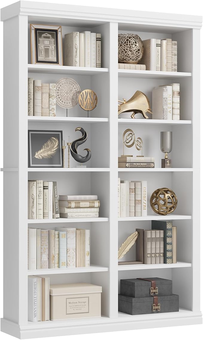 74.5" Tall Bookshelf with Double Storage, Extra Large Bookshelf, 6-Tier Double Wide Bookshelves w/ 12 Cubbies, Wide Freestanding Bookcases for Livingroom Office Library (White)