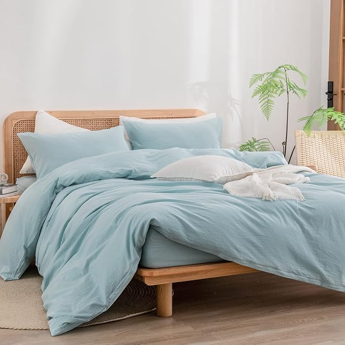 BESTOUCH Duvet Cover Set 100% Washed Cotton Linen Feel Super Soft Comfortable Chic Lightweight 3 PCs Home Bedding Set Solid Hushed Green Queen