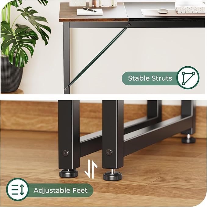 Huuger Computer Desk, 63 Inch Office Desk, Gaming Desk Writing Desk, Work Desk for Home Office, Study, Modern Simple Desk, Large Legroom, Metal Frame, Rustic Brown and Black