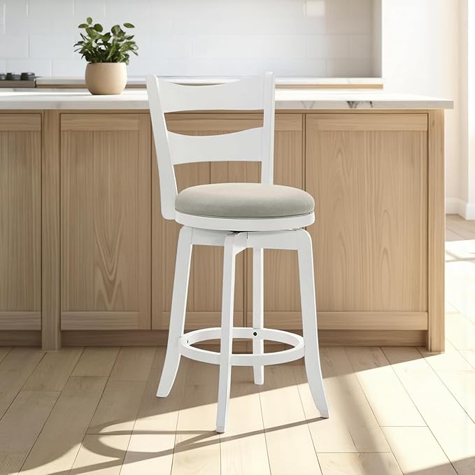 Armen Living Blair 26 in. Matte White Counter Height Rubberwood Swivel Barstool with Fog Fabric Seat - Set of 2