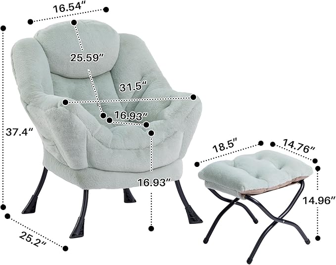 HollyHOME Fabric Lazy Chair with Foldable Ottoman, Accent Comfy Lounge Arm Chair and Folding Footrest Stool Set, Leisure Sofa Reading Chair and Footstool for Living Room, Bedroom, Dorm, Pea Green