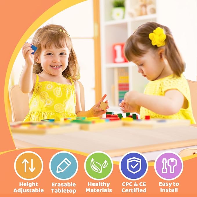 FUNLIO Kids Table and 2 Chairs Set, Height Adjustable Toddler Table and Chair Set for Ages 3-8, Easy to Wipe Arts & Crafts Table, for Classrooms/Daycares/Homes, CPC & CE Approved (3pcs Set) - Natural