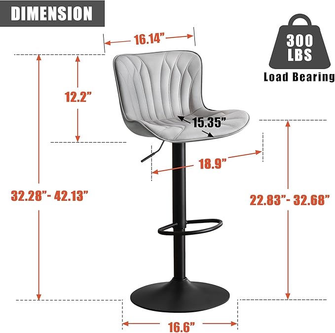 YOUNUOKE Bar Stools Kitchen Chiair Set of 2 Swivel Counter Height Barstools Adjustable Faux Leather Island Chairs Modern Metal Bar Stool with Back, Light Grey