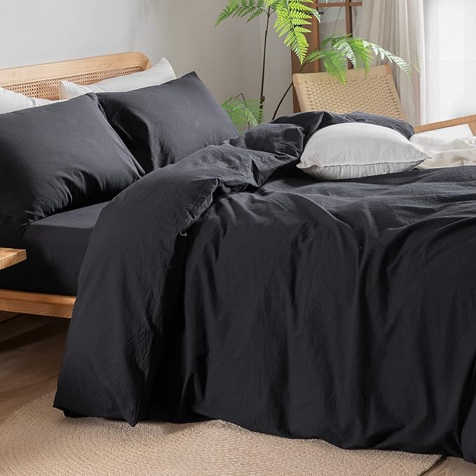 BESTOUCH Duvet Cover Set 100% Washed Cotton Linen Feel Super Soft Comfortable Chic Lightweight 3 PCs Home Bedding Set Solid Deep Black Super King Plus