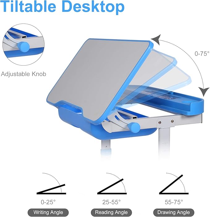 Kids Desk and Chair Set, Height Adjustable Child's School Study Writing Tables with Tilt Desktop, LED Light, Storage Drawer, Book Stand (Blue)