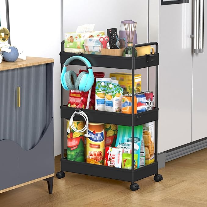 SOLEJAZZ 3 Tier Rolling Storage Cart with Wheels Slim Craft Nail Makeup Snack Art Baby Utility Cart Organizer on 2 Lockable Wheels for Bathroom Laundry Room Kitchen Bedside Narrow Spaces, Black