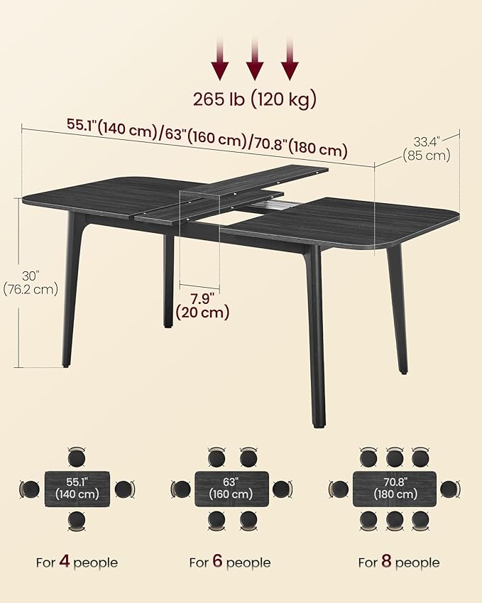 VASAGLE Dining Table for 4/6/8, Extendable Kitchen Table with Tapered Legs, Curved Transitions, for Dining Room, Kitchen, Home Office, Wooden Black UKDT090B01V1