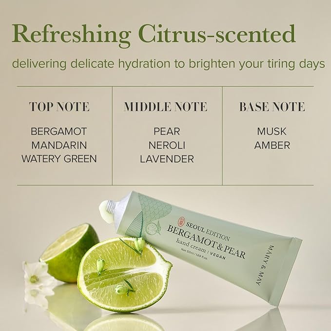 Mary&May SEOUL EDITION Bergamot & Pear Refreshing Hand Cream - Korean Moisturizing Vegan Hand Moisturizer - Refreshing Citrus Scent - Non Greasy Light Gel Cream Texture, 1.69oz.