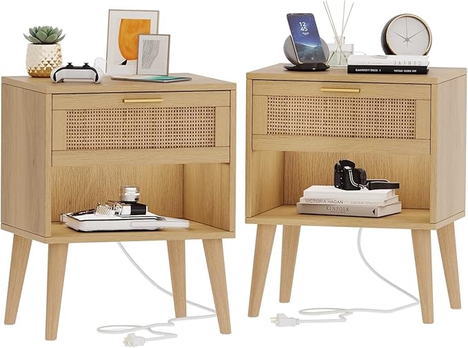 Irontar 17.7''L Nightstand Set of 2, Bedroom Night Stand with Charging Station & Rattan Drawer, Boho Style Bed Side Tables with Solid Legs, Accent End Table with Open Storage, Natural BZZ007ME02