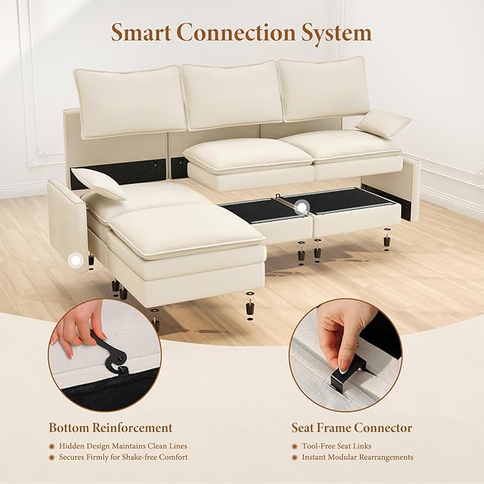 Vesgantti 108" Modular Sectional Sofa, Comfy Cloud Couch with Movable Ottoman Deep Seat Chenille L Shaped Modular Sofa, Sectional Couches for Living Room, Bedroom and Apartment, Beige
