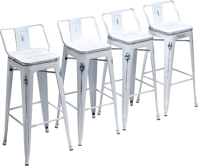Yongchuang 30 inch Bar Stools Set of 4 Bar Height Metal Barstools with Wood Seat Distressed White Low Back Kitchen Bar Chairs