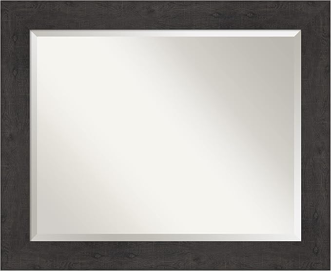 Amanti Art Brown Bathroom Mirror for Over Sink, 28x34 Rustic Plank Espresso Rectangle Vanity Mirror, Large Rustic Farmhouse Frame, Hangs Horizonally and Vertically, Bathroom Wall Decor, Beveled Edge