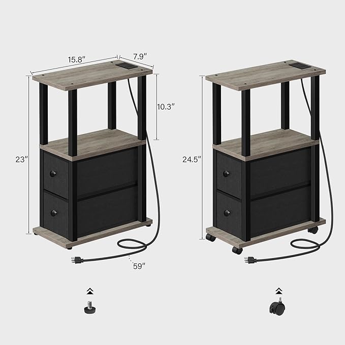 TUTOTAK Small Narrow End Tables, Side Tables with 2 Fabric Drawers, Set of 2, Bedside Tables with Charging Station for Small Spaces, Slim Nightstands with USB Ports and Wheels, TB01BG053