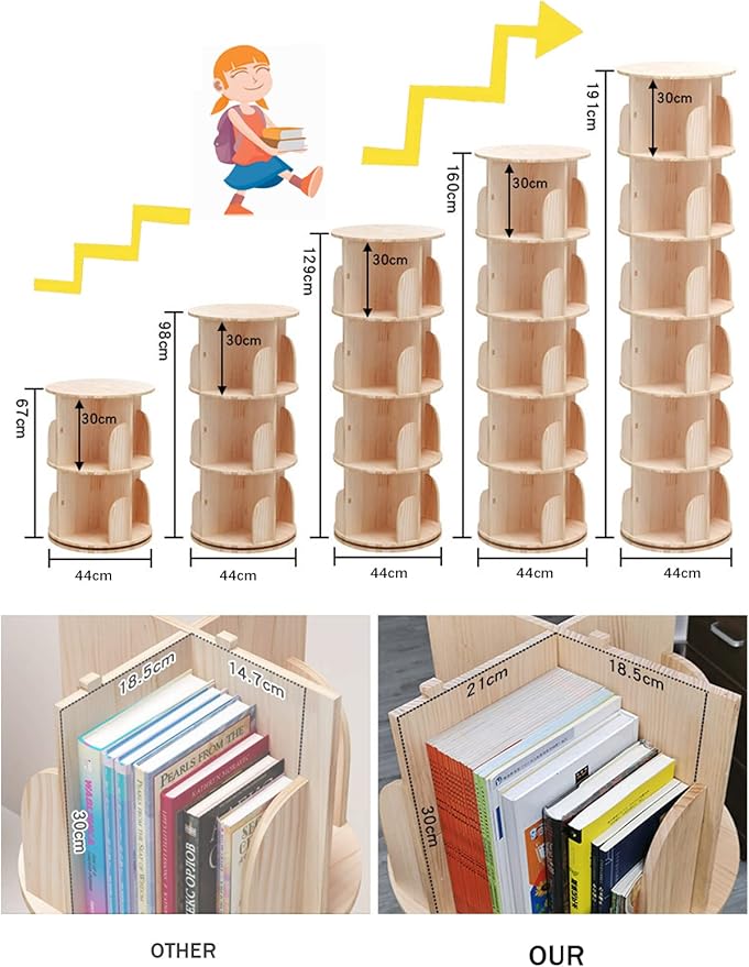 Rotating Bookshelf 360 Degrees, 4 Tier Stackable Solid Wood Bookshelf Organizer, Storage Display Rack Floor Standing Bookcase for Kids&Adults (51"x17.32"x17.32")
