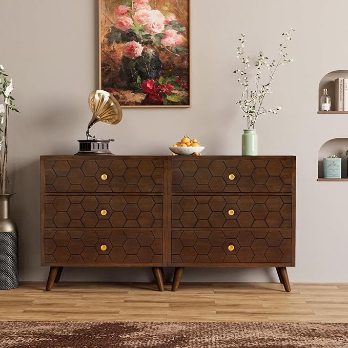 COSIEST Modern End Table w 3 Storage Drawers, Night Stand w Honeycomb Pattern, Small Wood Chest, Accent Cabinet for Bedroom, Living Room