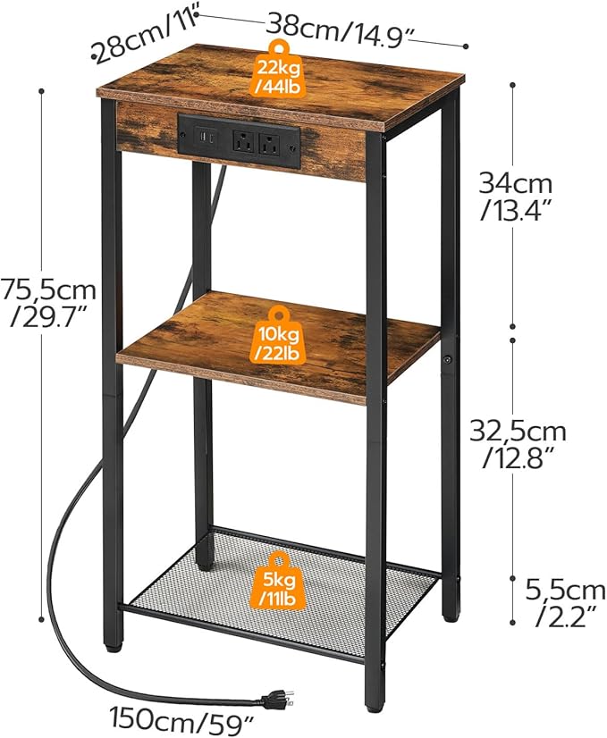 HOOBRO Tall End Table with Charging Station, 30 Inch Tall Nightstand, 3-Tier Side Table with Storage Shelves, for Living Room, Bedroom, Hallway, Rustic Brown BF09UDH01G1