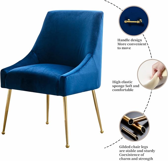 Modern Velvet Dining Chairs Set of 4, Contemporary Upholstered Furniture Collection with Polished Gold Metal Legs, Elegant Accent Chairs for Kitchen Living Room(Blue)