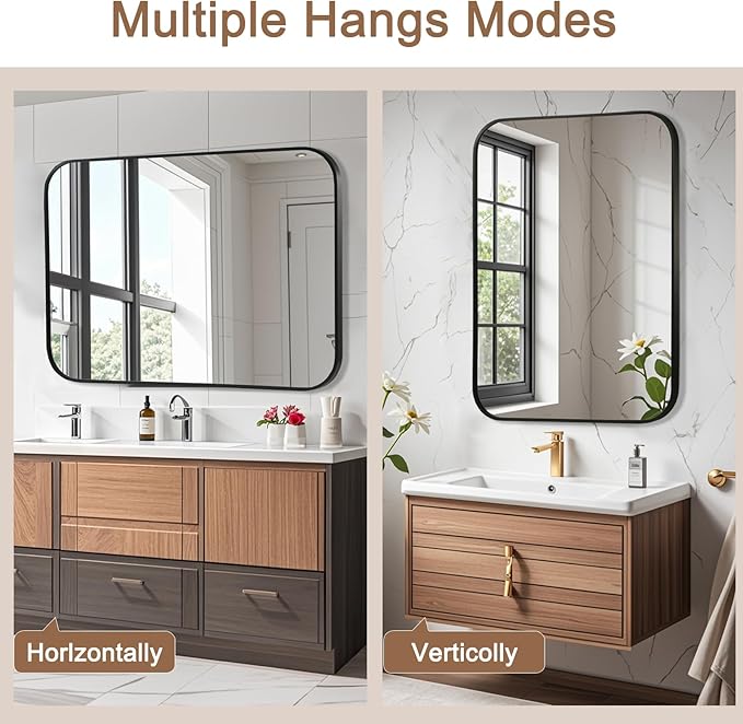 Matte Black Mirror, 24"x32" Rectangle Bathroom Mirror, Metal Frame Rectangle Corner Vanity Mirror, Wall Mounted Mirror for Modern, Living Room, Bedroom, Horizontal Or Vertical