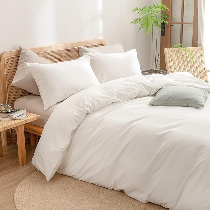 BESTOUCH Duvet Cover Set 100% Washed Cotton Linen Feel Super Soft Comfortable Chic Lightweight 3 PCs Home Bedding Set Solid Off White Oversized Full