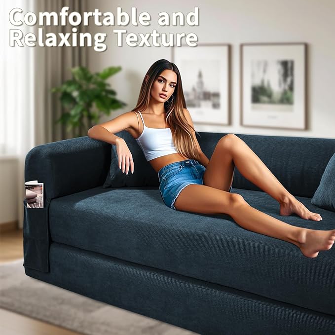 80" Convertible Sofa Bed, Corduroy Deep Seat Folding Pull Out Couch with Pillows, No Assembly Modern Boneless Couch Compression Sofa in Box, Floor Sofa with Storage Pocket for Living Room,Dark Blue