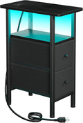Narrow End Table Living Room with Charging Station, Skinny Side Table with Fabric Drawers, Slim LED Nightstand for Bedroom, Small Spaces, Couch, Black, HETNDP02LBK-1