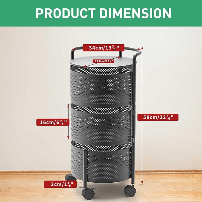 JAQ Rotating Storage Shelves Rack for Kitchen, 3-Tier Multi Layer Removable Basket Shelf Organizer on Rolling Wheels for Fruit Vegetable Grocery Corns Potato Onion (3-Tier, Black)