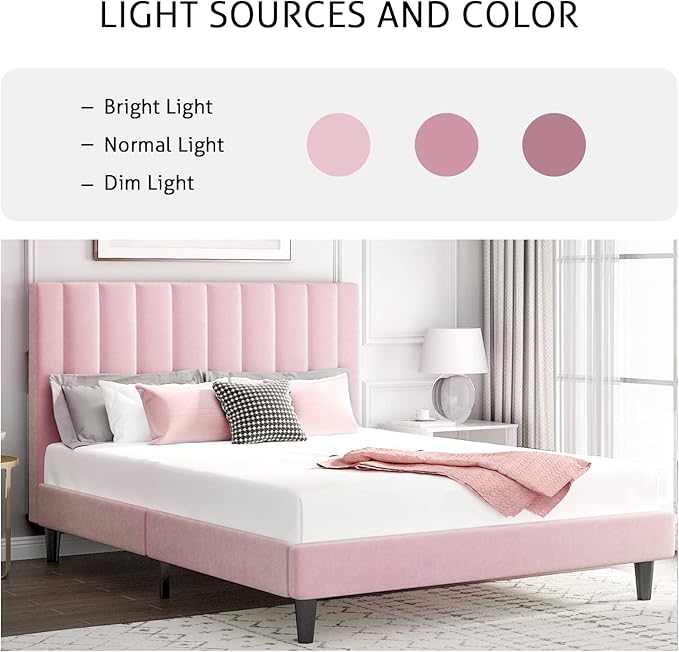 SHA CERLIN Full Bed Frame/Velvet Upholstered Platform Bed Frame with Headboard/Strong Wood Slats Support/Mattress Foundation/No Box Spring Needed - Pink