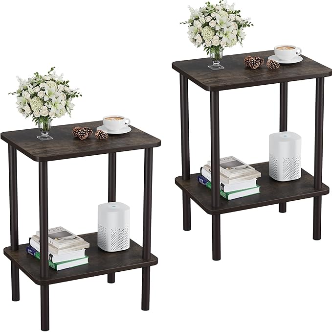 Apicizon 2 Tier End Table Set of 2, Small Side Table with Solid Wood Legs, Boho Bedside Table with Storage Shelf, Nightstand for Small Spaces, Bedroom, Living Room, Entryway, Rustic Oak