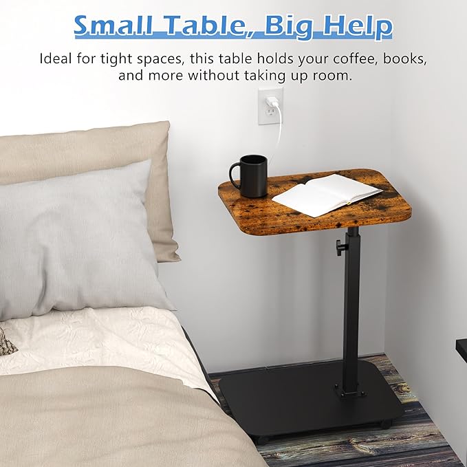 TV Tray Table Heavy Metal Base with Wheel Swivel/Adjustable Height Couch Table, Sofa Arm End Side Table for Living Room and Bedroom, Bed or Small Spaces