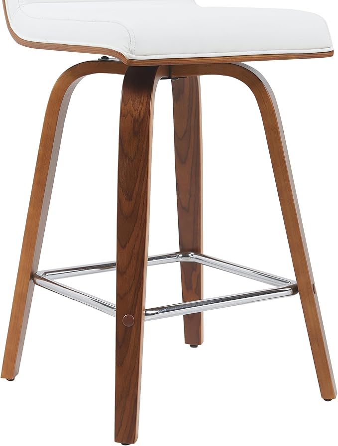 Vienna Modern Counter Height Swivel Bar Stool with Snow White Faux Leather Seat and Walnut Finished Wood Frame Set of 4