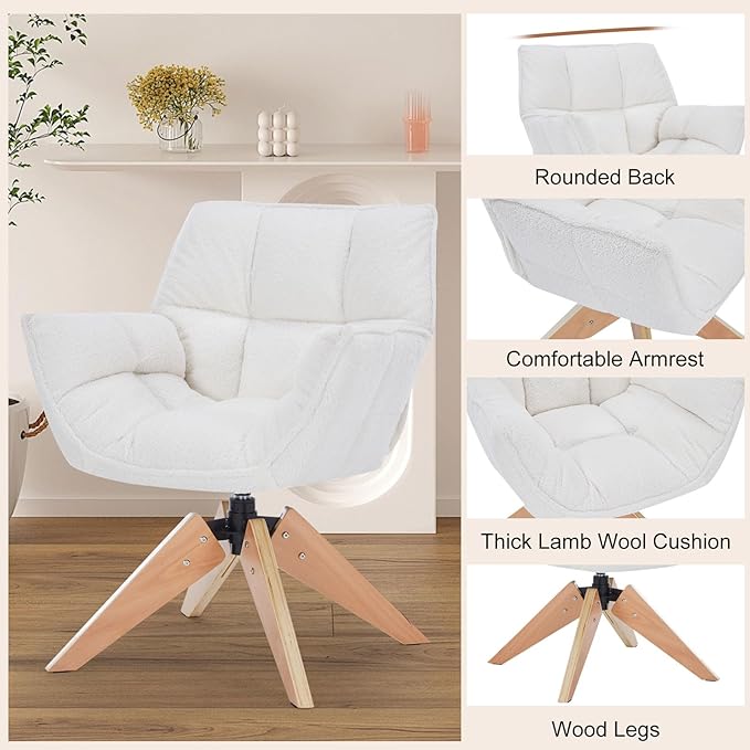 Mid Century Accent Chair, Lambs Wool Vanity Chair Modern Cozy Desk Chair no Wheels with Amrest, Wood Legs for Living Room, Reading Room, Bedroom, White
