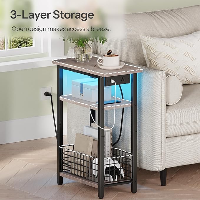 HOOBRO Narrow Side Table with Charging Station and LED Light, Small End Table with Storage, Skinny Nightstand with USB Port, Slim Bedside Table for Small Spaces, Living Room, Greige BG242UDBZ01