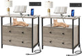 27 inch Wide Nightstand with Charging Station, Bedside Table with Open Shelf, 2 Drawers Small Wood Dresser, End Side Table for Bedroom (2 Pack,Rustic Gray)