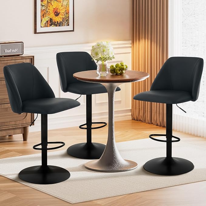 COLAMY Bar Stools Set of 2, Modern Swivel Bar Chairs, Adjustable PU Leather Upholstered Barstools Counter Height with Full Backrest for Bar, Dining Room, Kitchen Island, Black