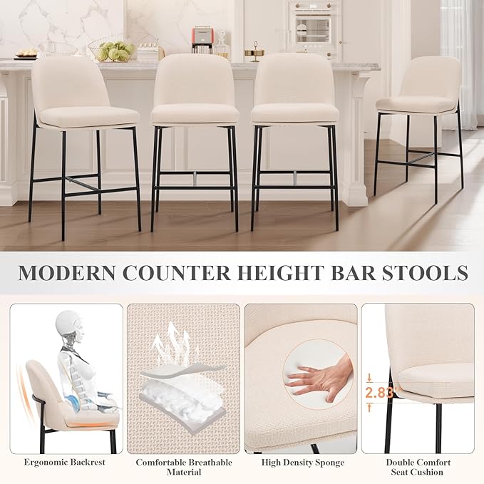 COLAMY Counter Height Bar Stools Set of 4, 25 Inch Modern Fabric Kitchen Island Stools with Back, Upholstered Counter Barstools Armless Bar Chairs with Metal Legs for Island Dining Room Bar, Beige