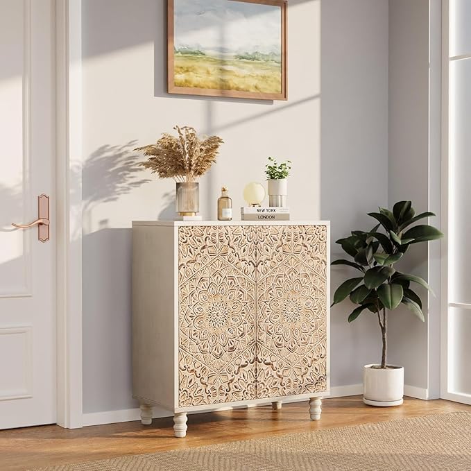 COSIEST 32" W Sideboard Buffet Cabinet with Storage, Accent Cabinet with 2 Push-to-Open Magnetic Doors, Vintage MDF Buffet Table for Living Room, Kitchen, Hallway (Gray,Firework Pattern)